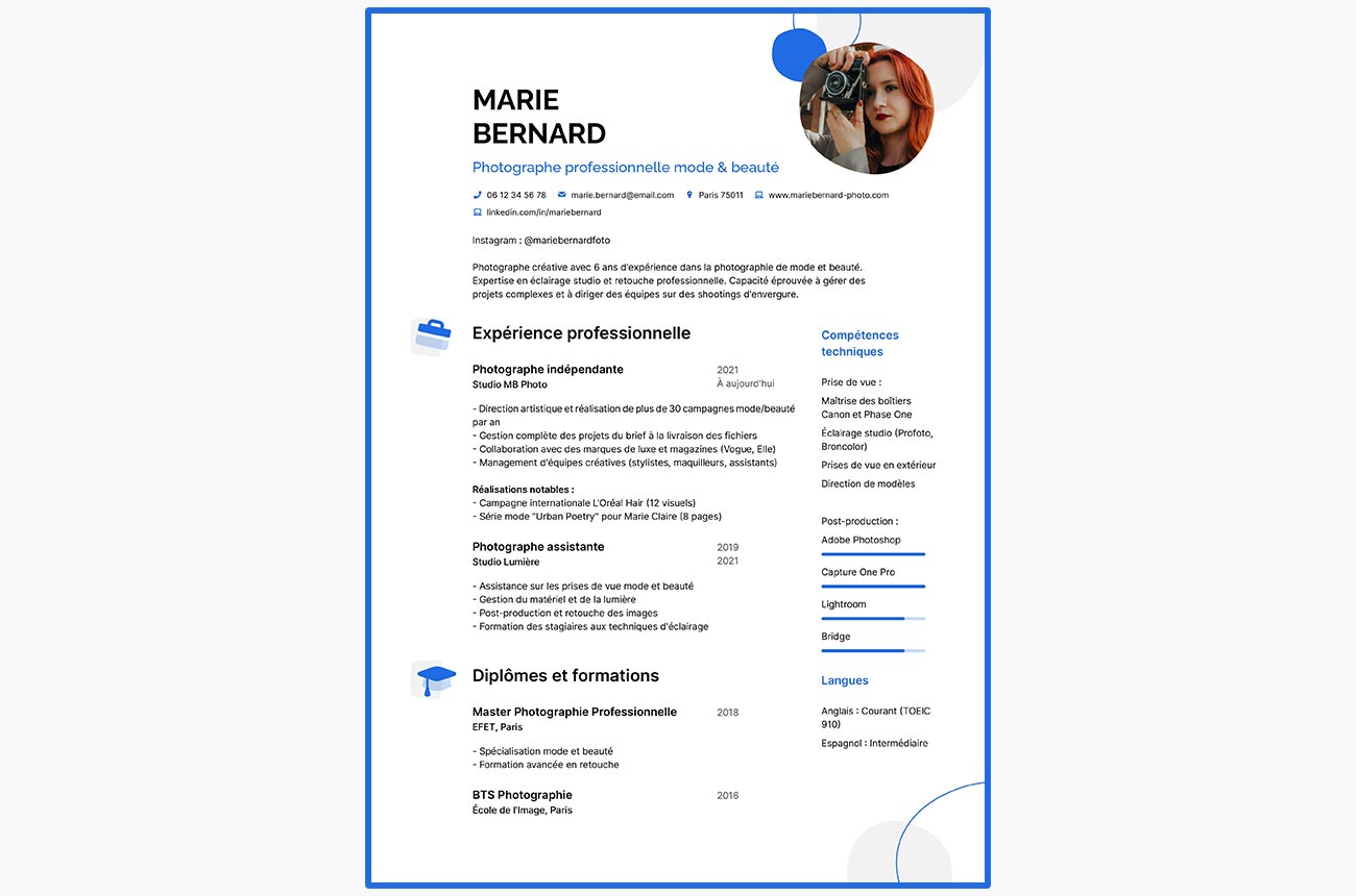 CV de photographe créé avec MakeMyCV